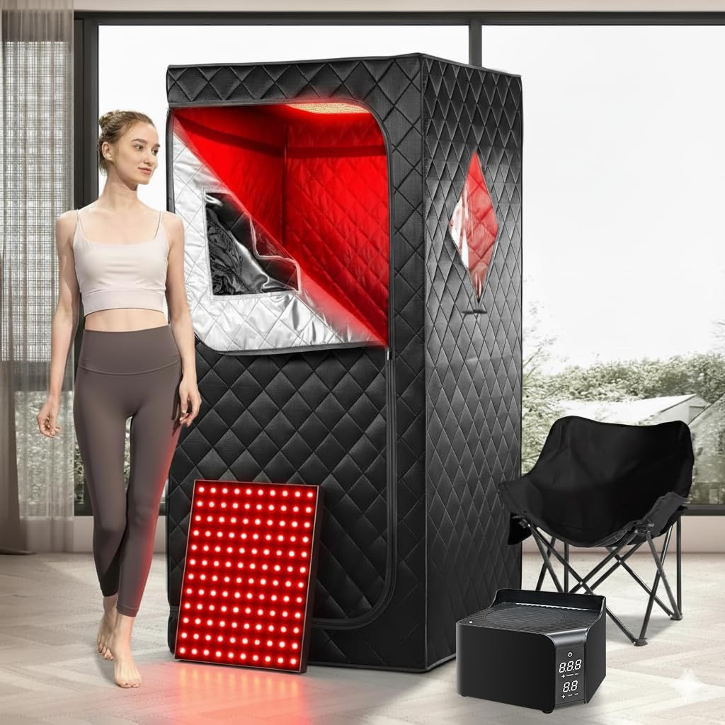 Portable Far Infrared Sauna Box for Home with 660nm Red Light Panel, Upgraded Infrared Dry Sauna for Home, 140℉, Heating Foot Pad, Upgraded Comfortable Chair